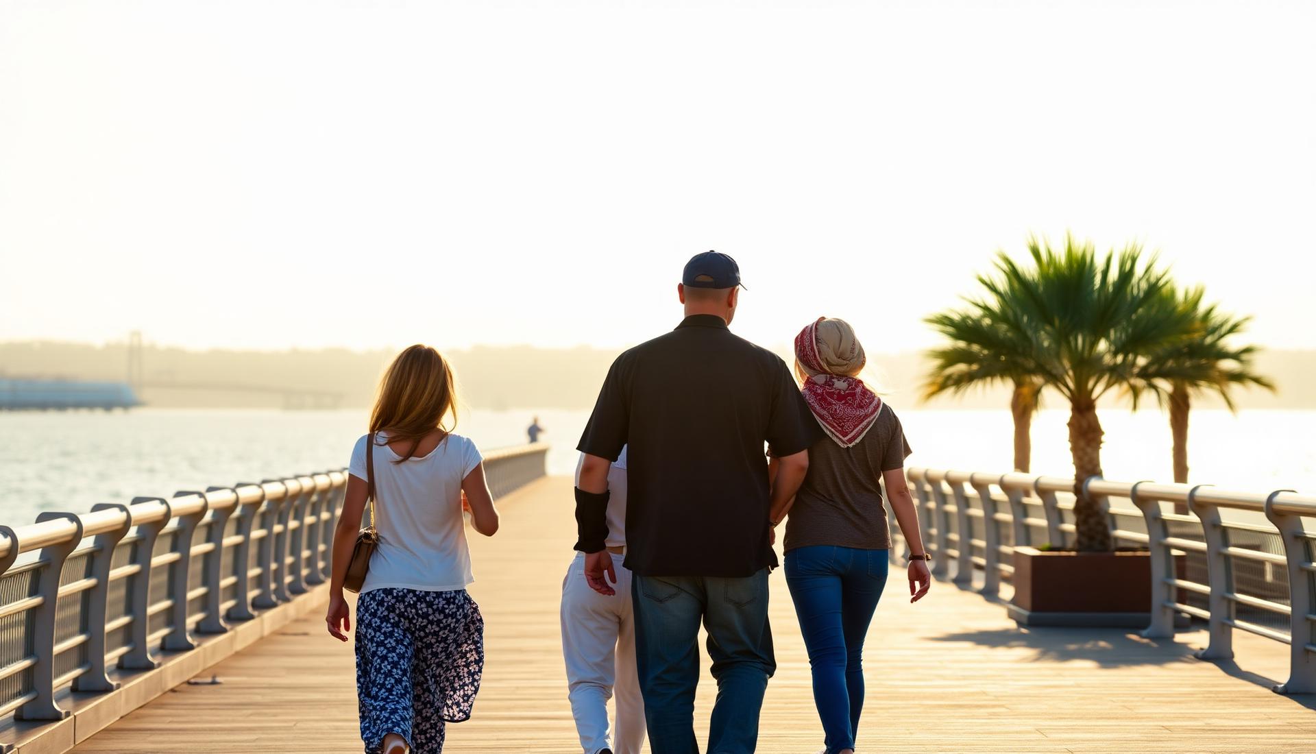 Family walking on a Dubai promenade at sunset
